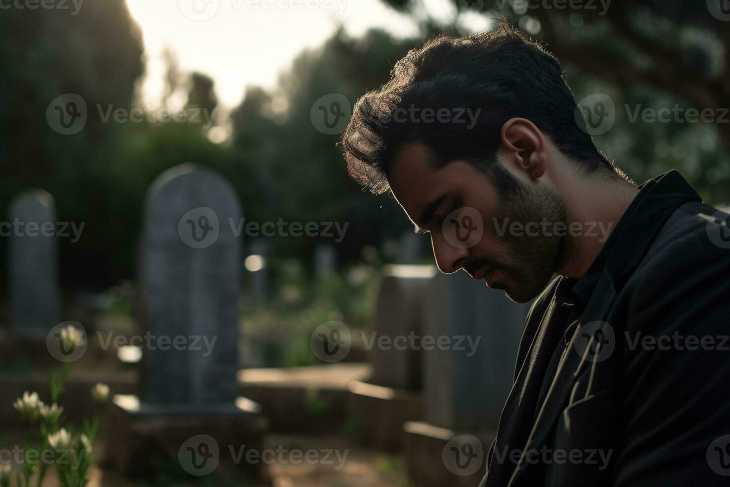 Portrait of a sad and depressed man in a black coat on the background of a cemetery.Funeral Concept AI generated photo
