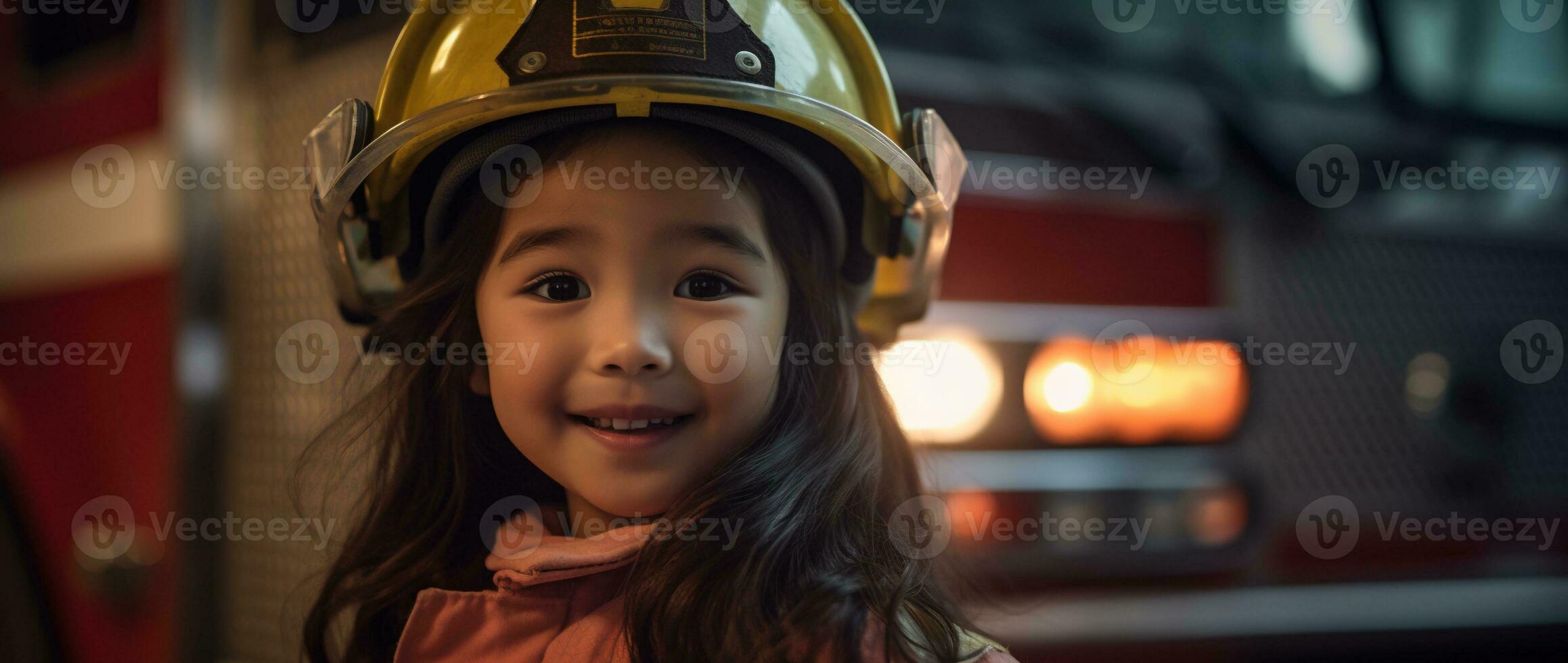Portrait of smiling asian little girl wearing firefighter uniform standing in fire truck. AI generated photo