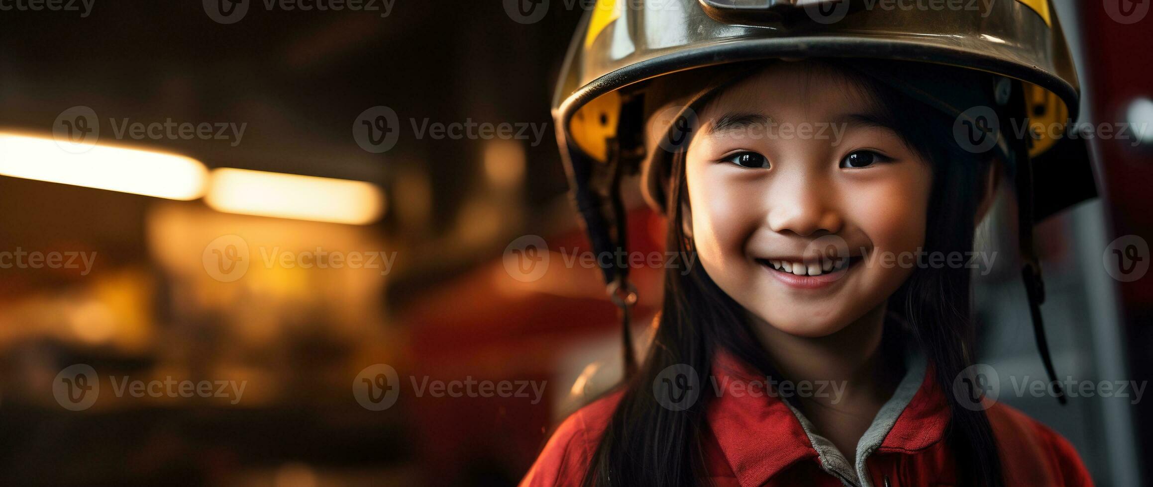 Portrait of smiling asian little girl wearing firefighter uniform standing in fire truck. AI generated photo