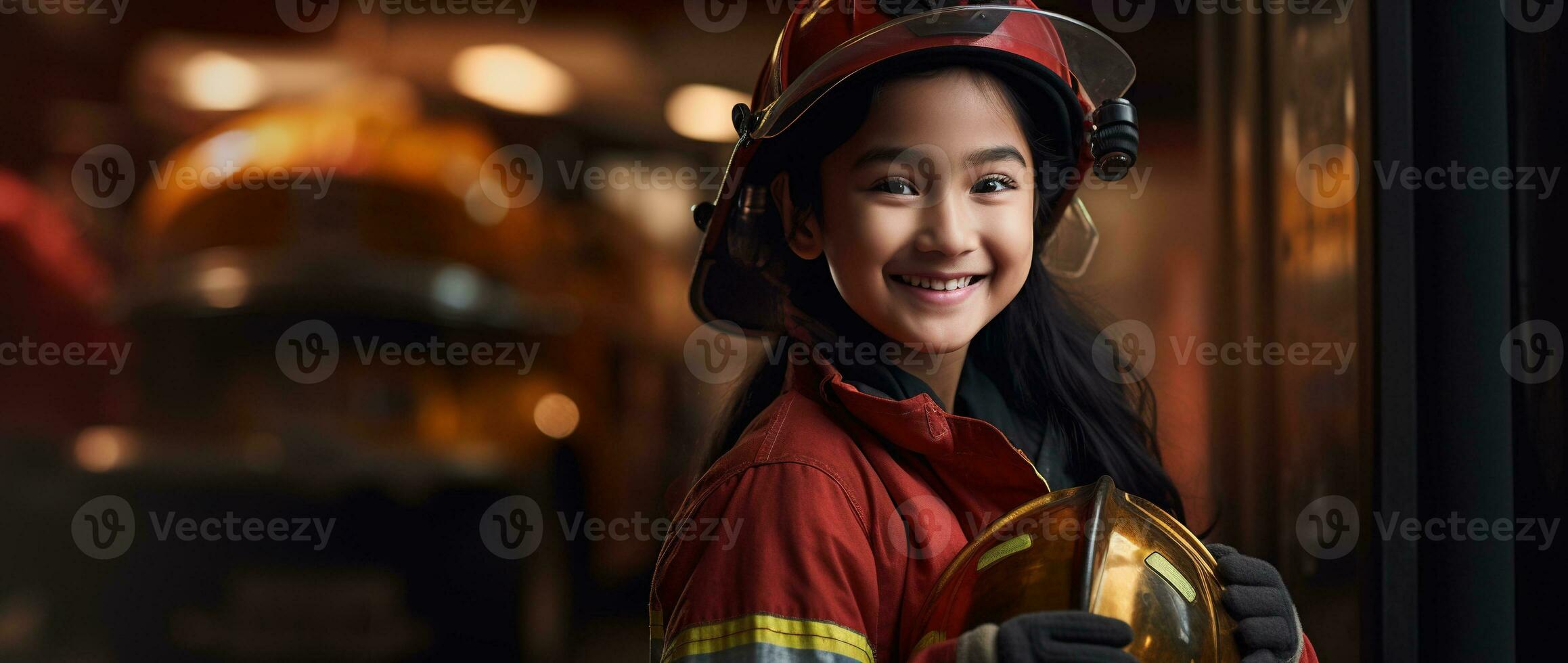 Portrait of smiling asian little girl wearing firefighter uniform standing in fire truck. AI generated photo