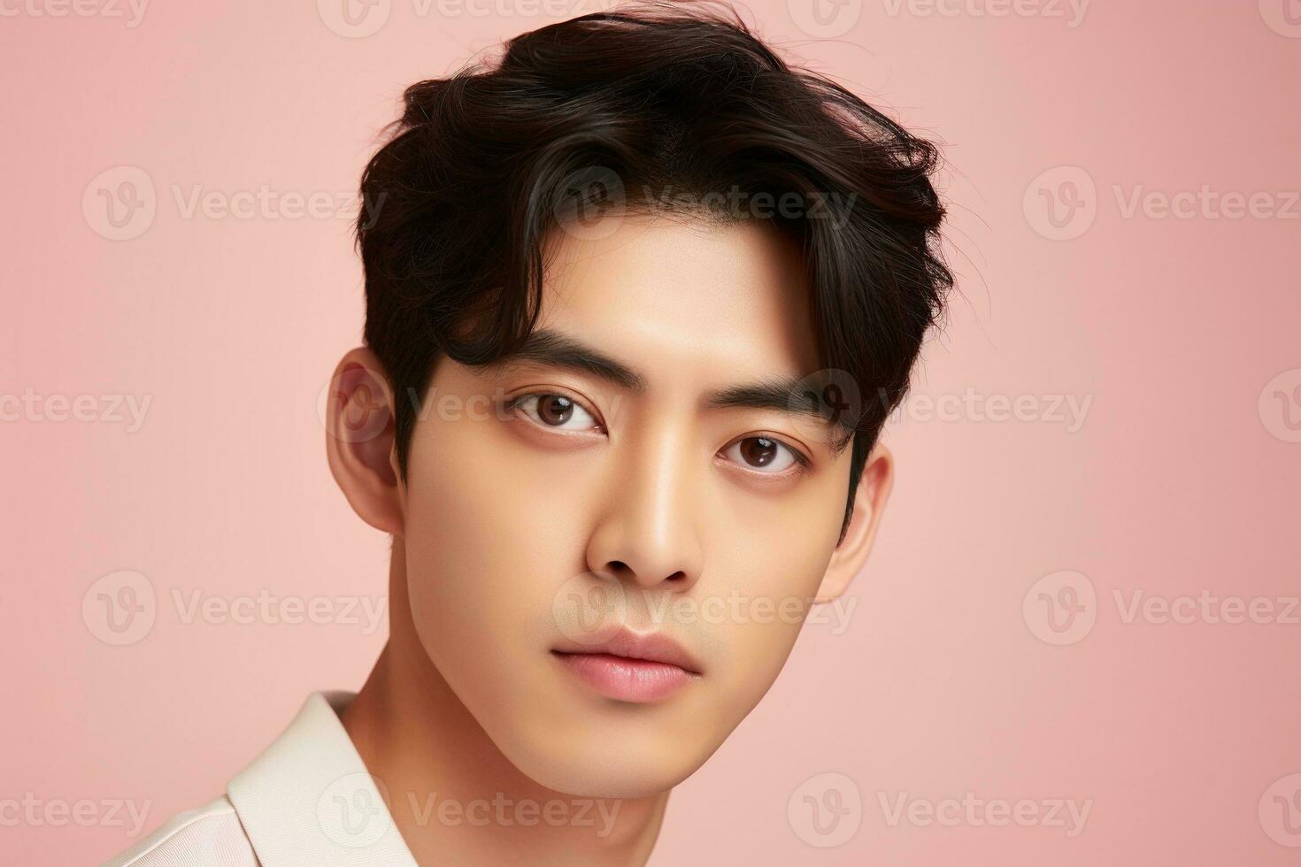 retrato de un hermosa joven asiático hombre en rosado fondo.asiático belleza ai generado foto