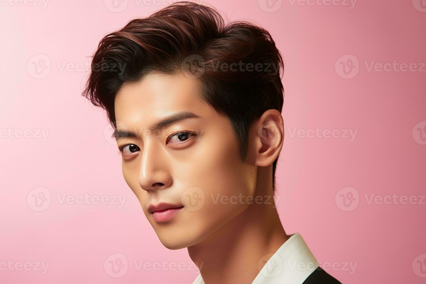 Portrait of a beautiful young asian man on pink background.asian beauty AI generated photo