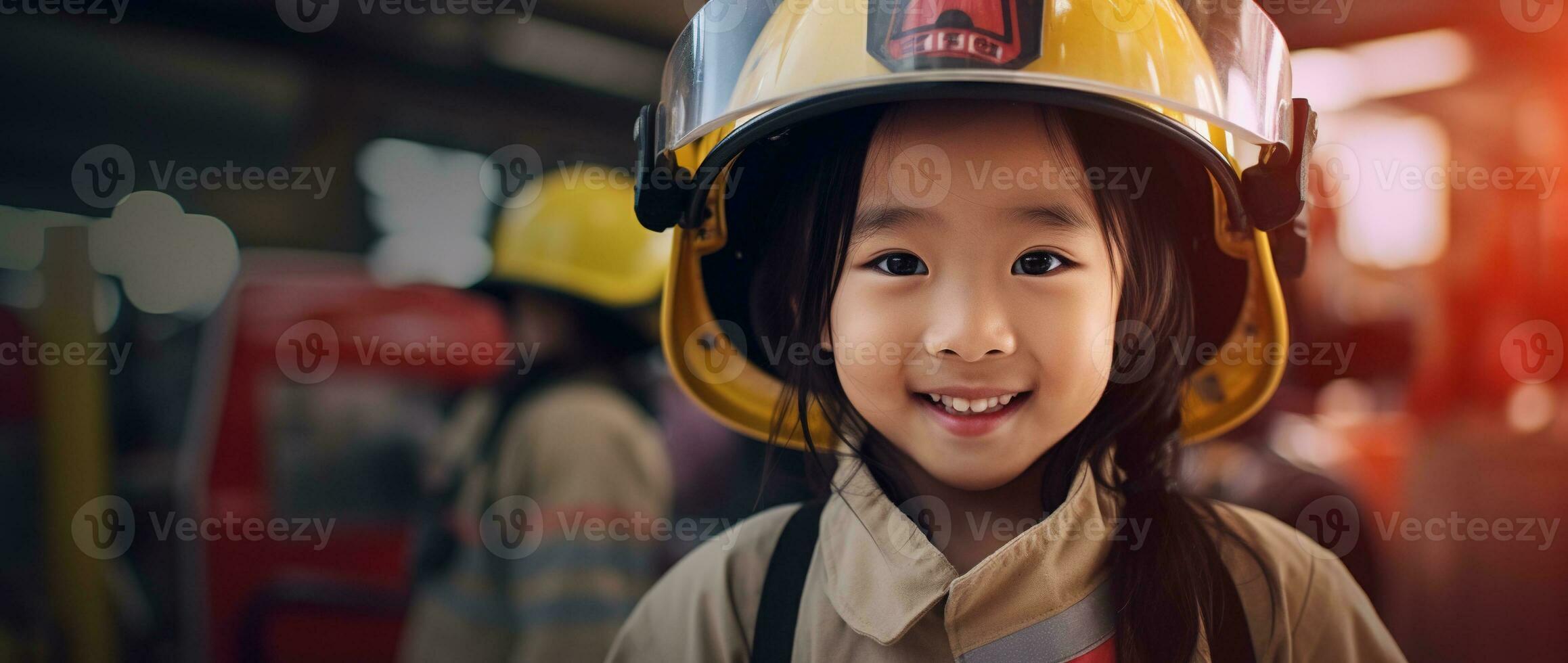 Portrait of smiling asian little girl wearing firefighter uniform standing in fire truck. AI generated photo