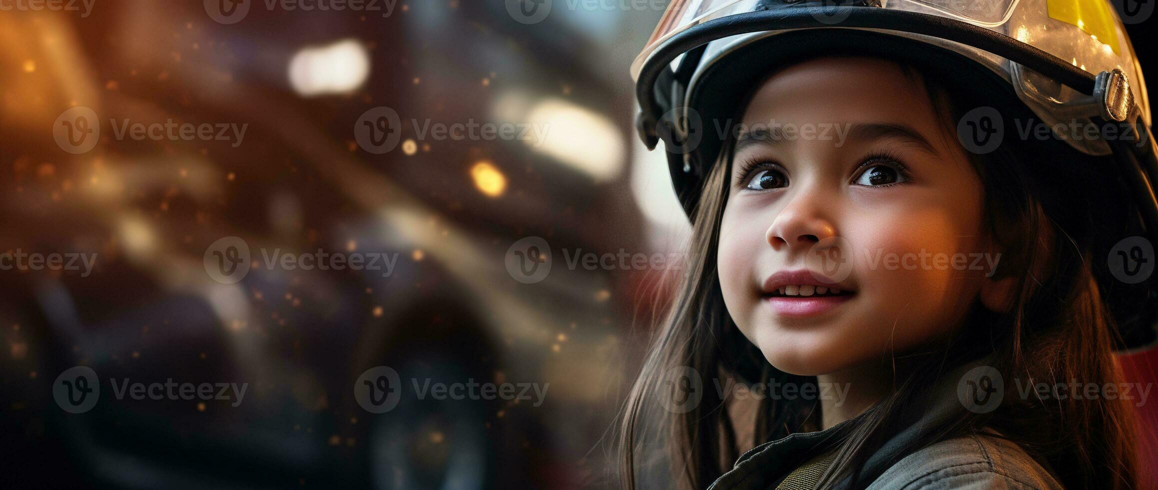 Portrait of smiling asian little girl wearing firefighter uniform standing in fire truck. AI generated photo