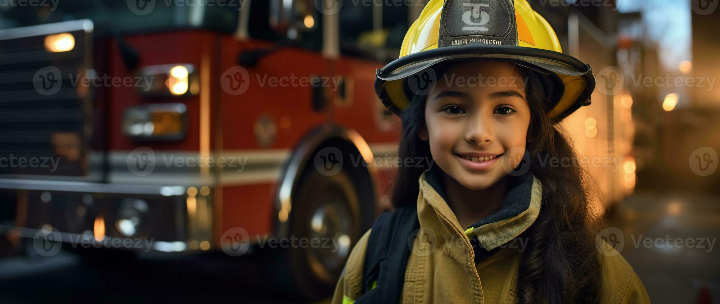 Portrait of smiling asian little girl wearing firefighter uniform standing in fire truck. AI generated photo