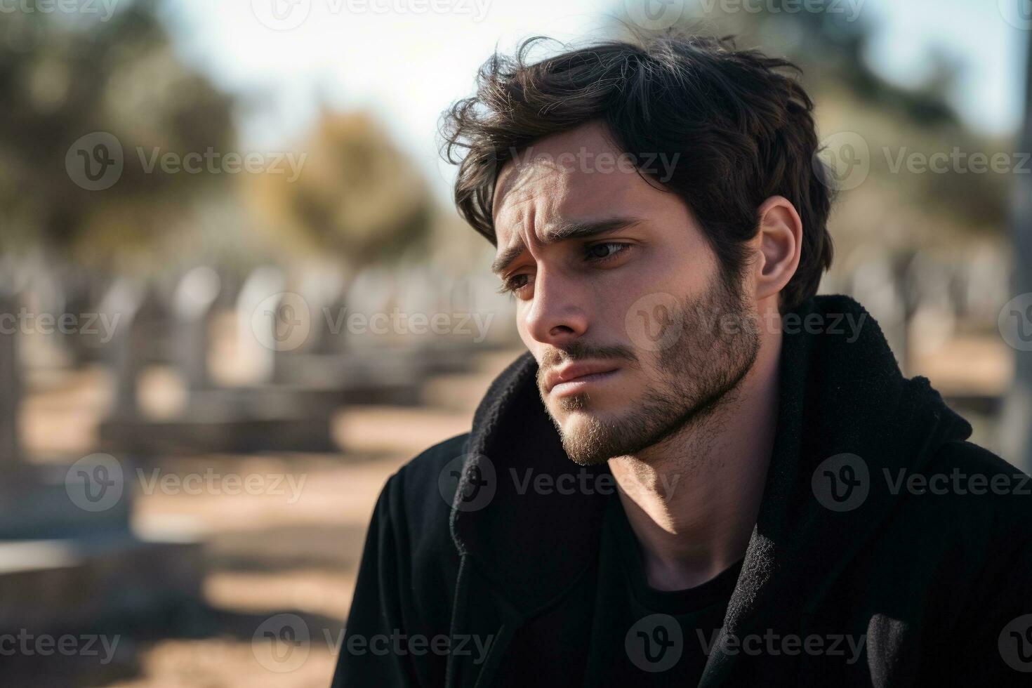 Portrait of a sad and depressed man in a black coat on the background of a cemetery.Funeral Concept AI generated photo