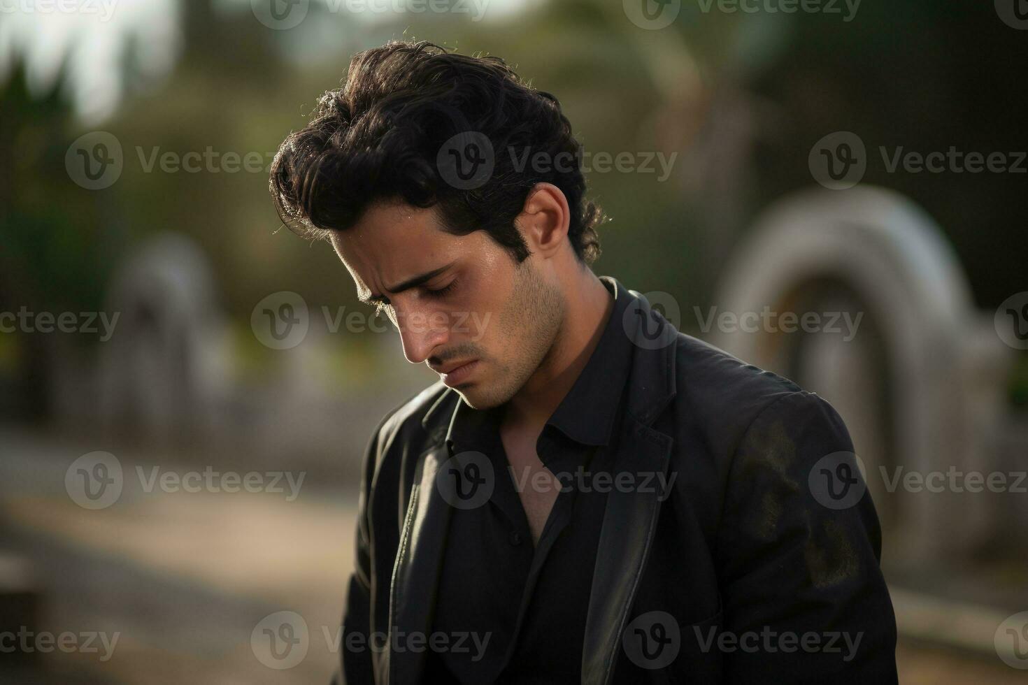 retrato de un triste y Deprimido hombre en un negro Saco en el antecedentes de un cementerio.funeral concepto ai generado foto