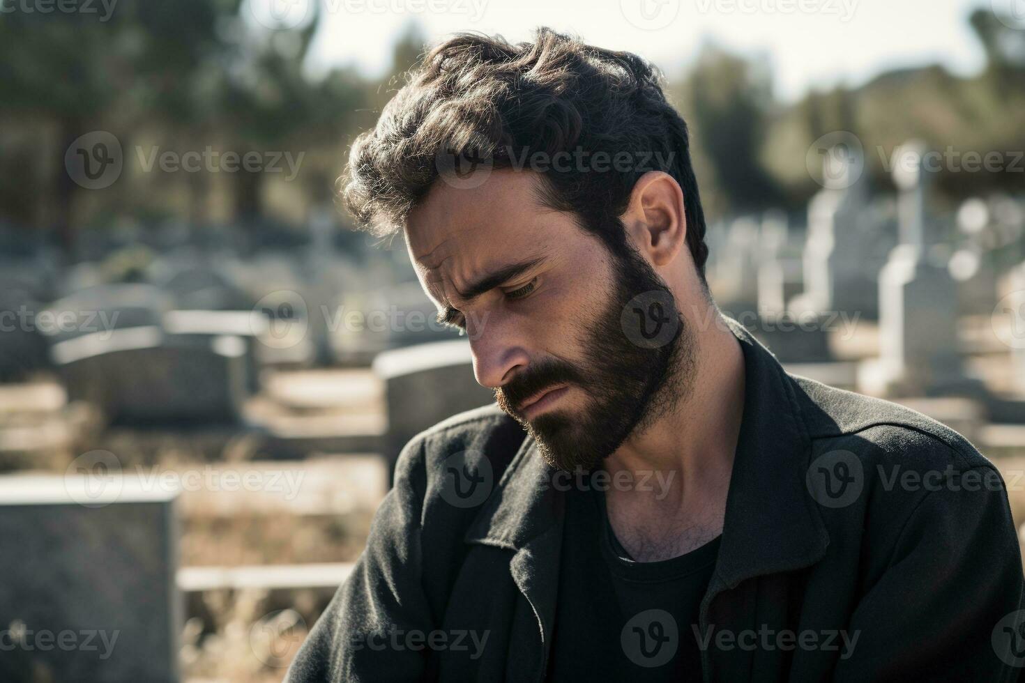 Portrait of a sad and depressed man in a black coat on the background of a cemetery.Funeral Concept AI generated photo