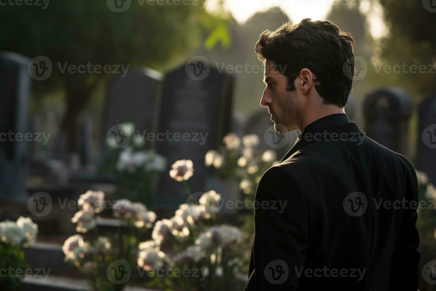 Portrait of a sad and depressed man in a black coat on the background of a cemetery.Funeral Concept AI generated photo