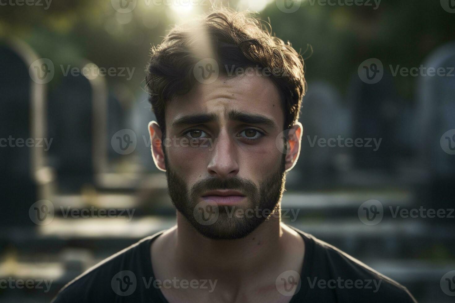 Portrait of a sad and depressed man in a black coat on the background of a cemetery.Funeral Concept AI generated photo