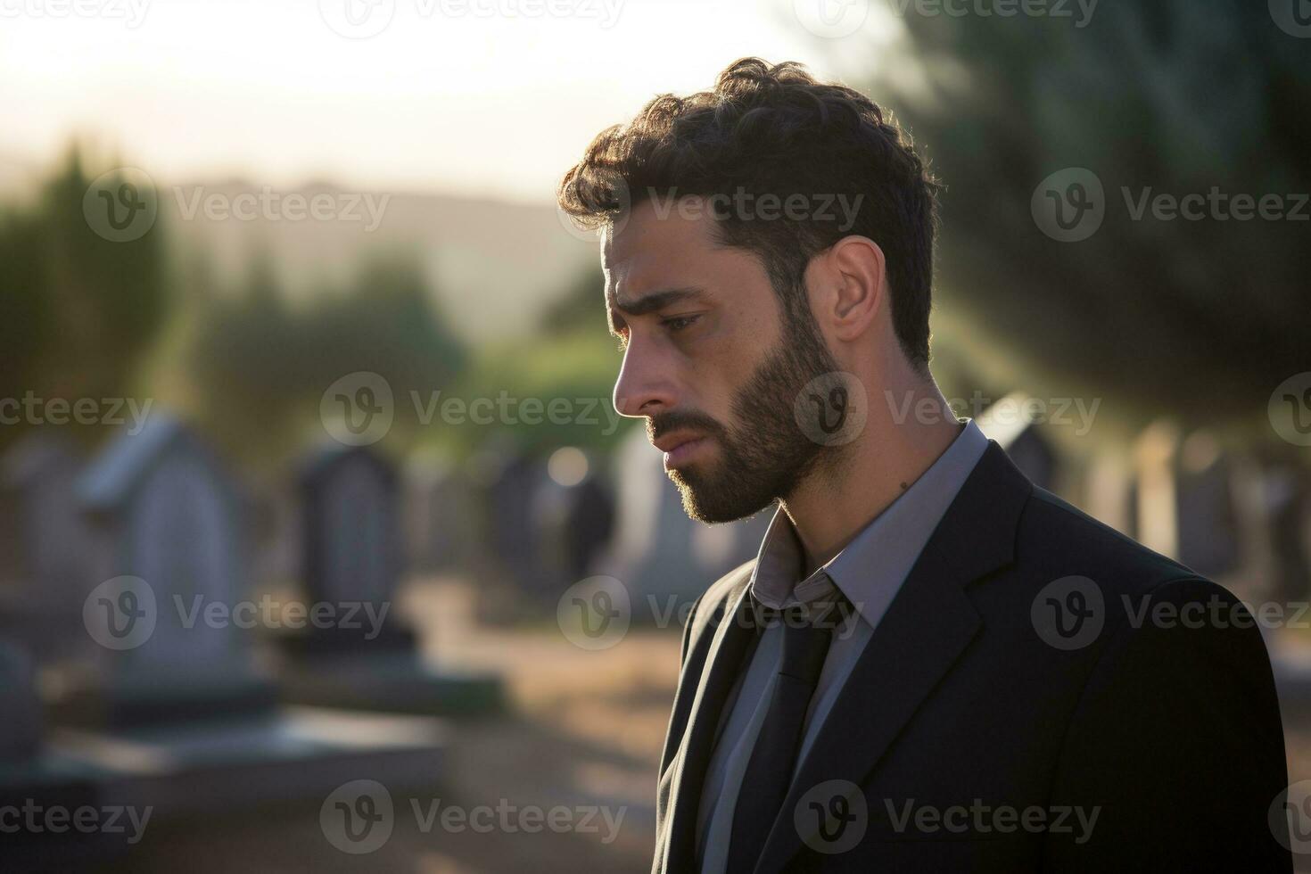 Portrait of a sad and depressed man in a black coat on the background of a cemetery.Funeral Concept AI generated photo