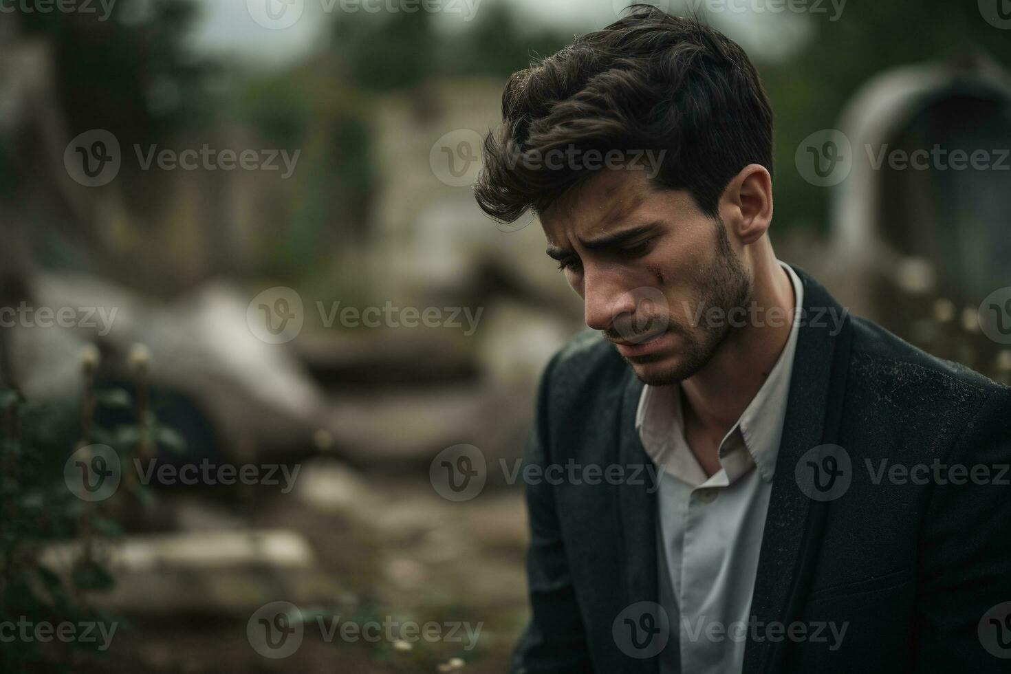 Portrait of a sad and depressed man in a black coat on the background of a cemetery.Funeral Concept AI generated photo