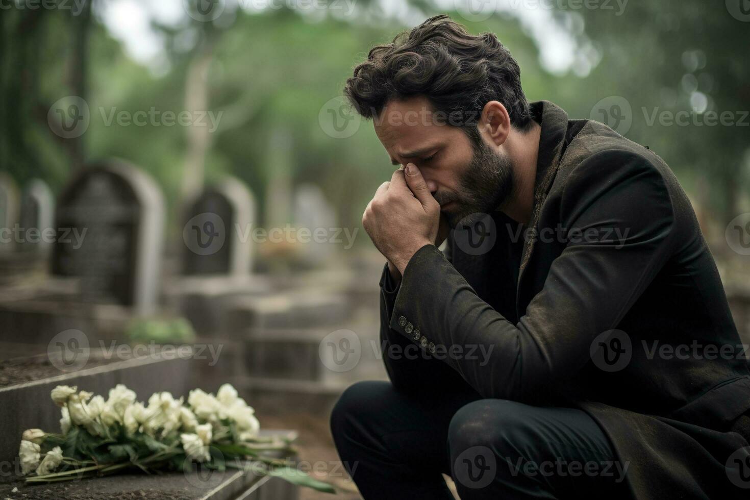 Portrait of a sad and depressed man in a black coat on the background of a cemetery.Funeral Concept AI generated photo