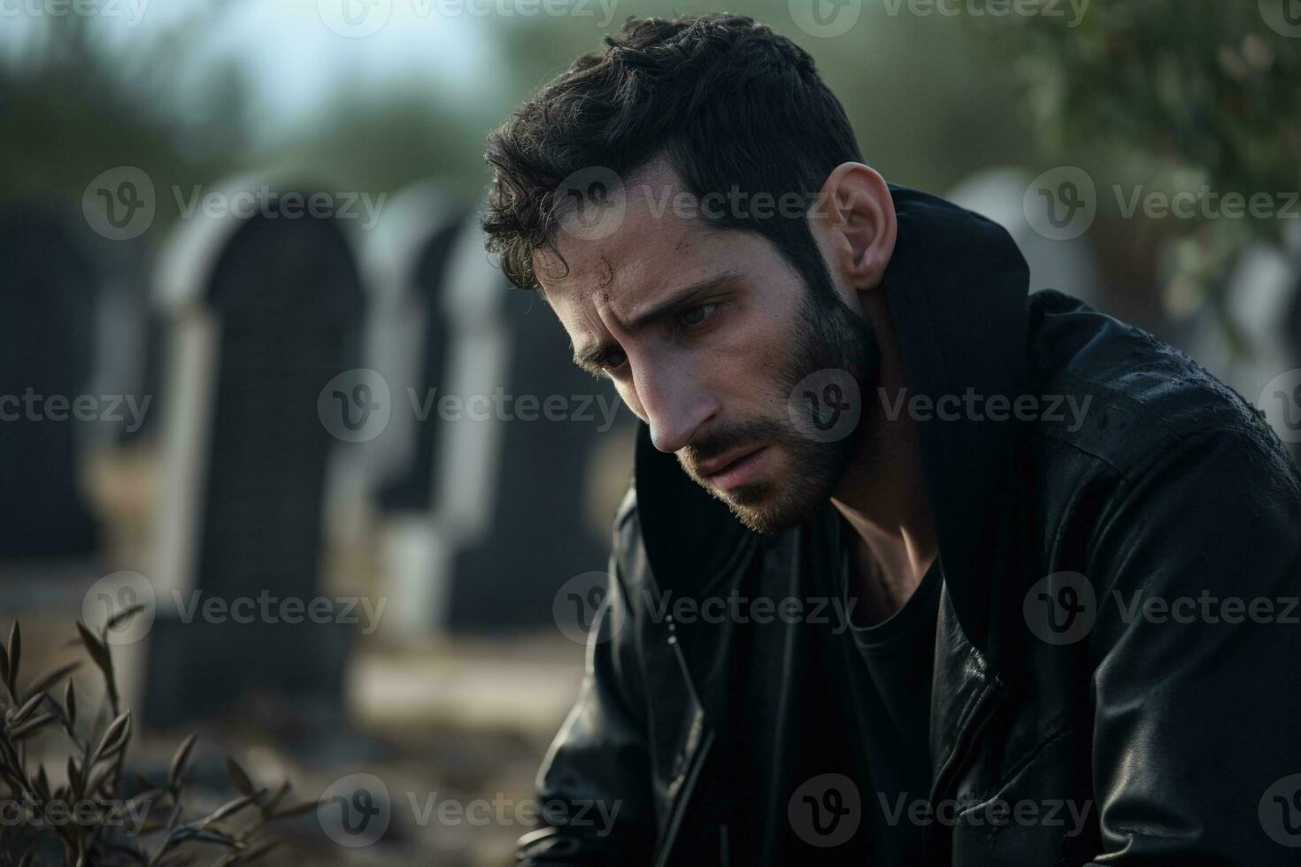 Portrait of a sad and depressed man in a black coat on the background of a cemetery.Funeral Concept AI generated photo