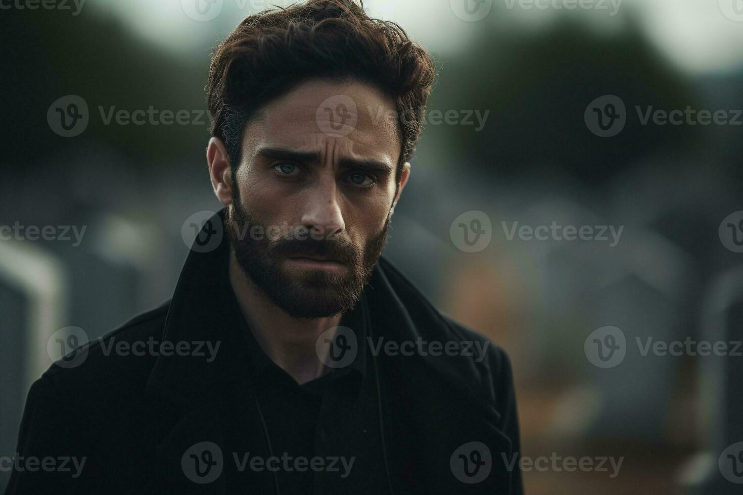 retrato de un triste y Deprimido hombre en un negro Saco en el antecedentes de un cementerio.funeral concepto ai generado foto