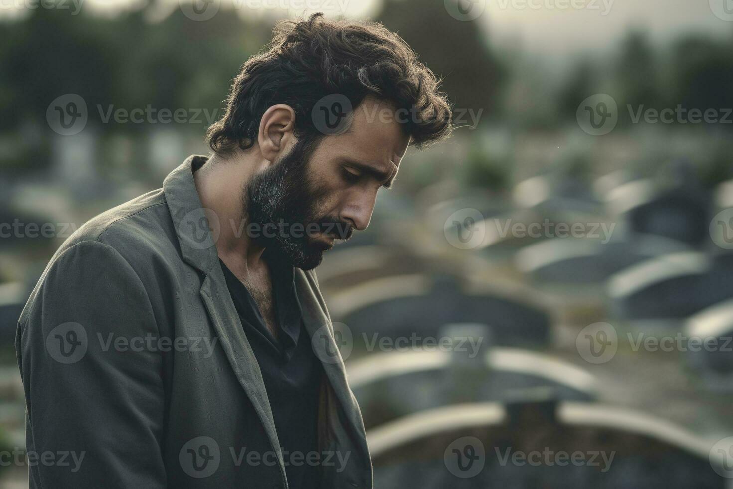 Portrait of a sad and depressed man in a black coat on the background of a cemetery.Funeral Concept AI generated photo