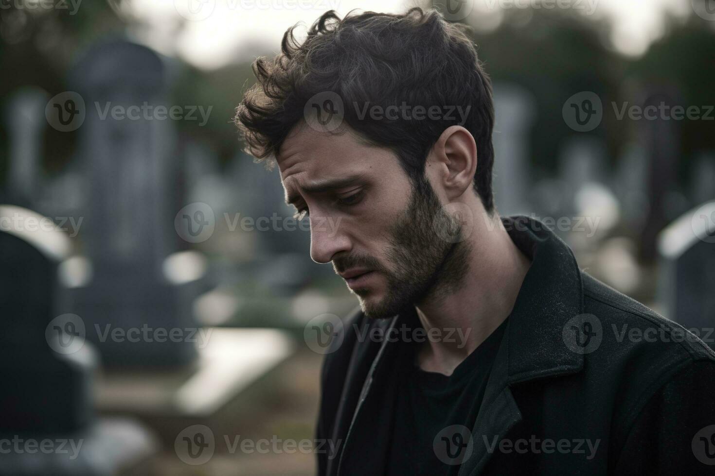 Portrait of a sad and depressed man in a black coat on the background of a cemetery.Funeral Concept AI generated photo