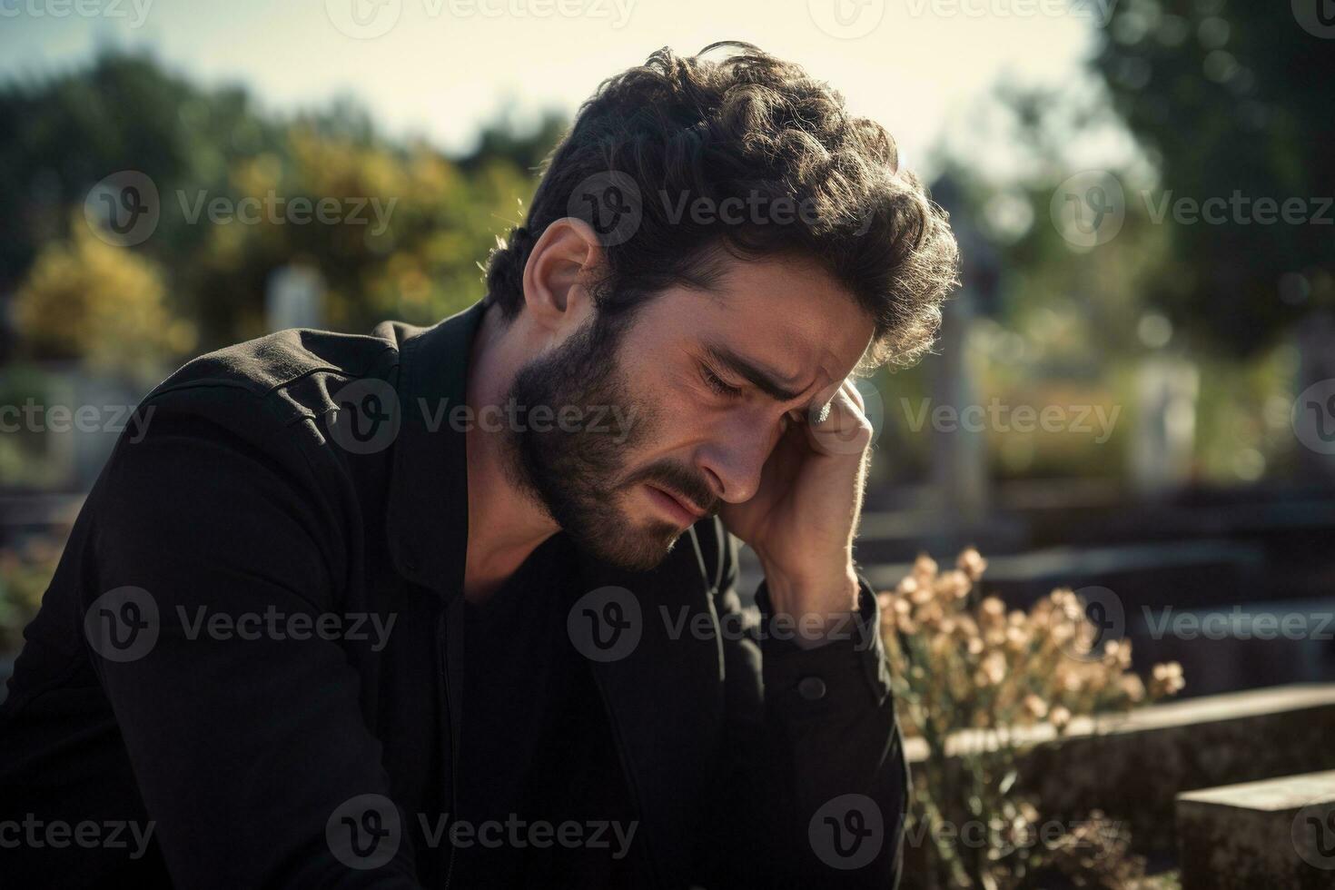 Portrait of a sad and depressed man in a black coat on the background of a cemetery.Funeral Concept AI generated photo