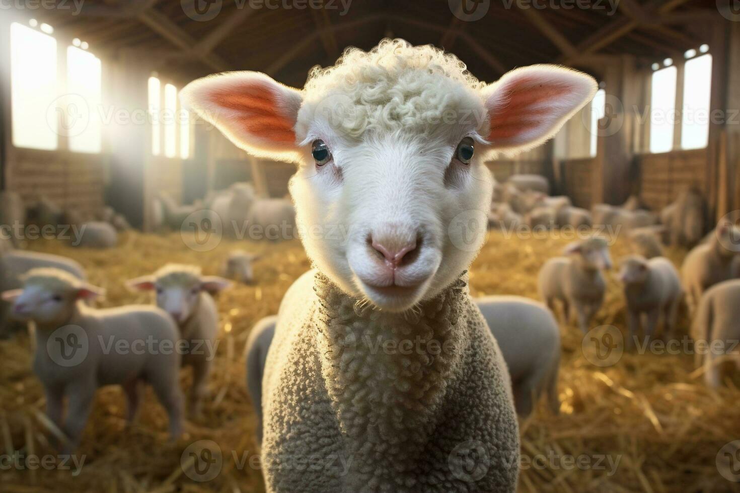 Portrait of a cute lamb on a background of sheep in the barn AI generated photo