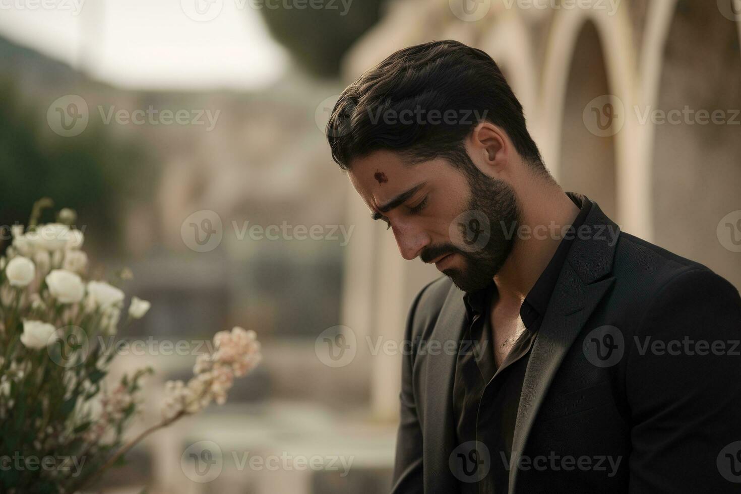 retrato de un triste y Deprimido hombre en un negro Saco en el antecedentes de un cementerio.funeral concepto ai generado foto