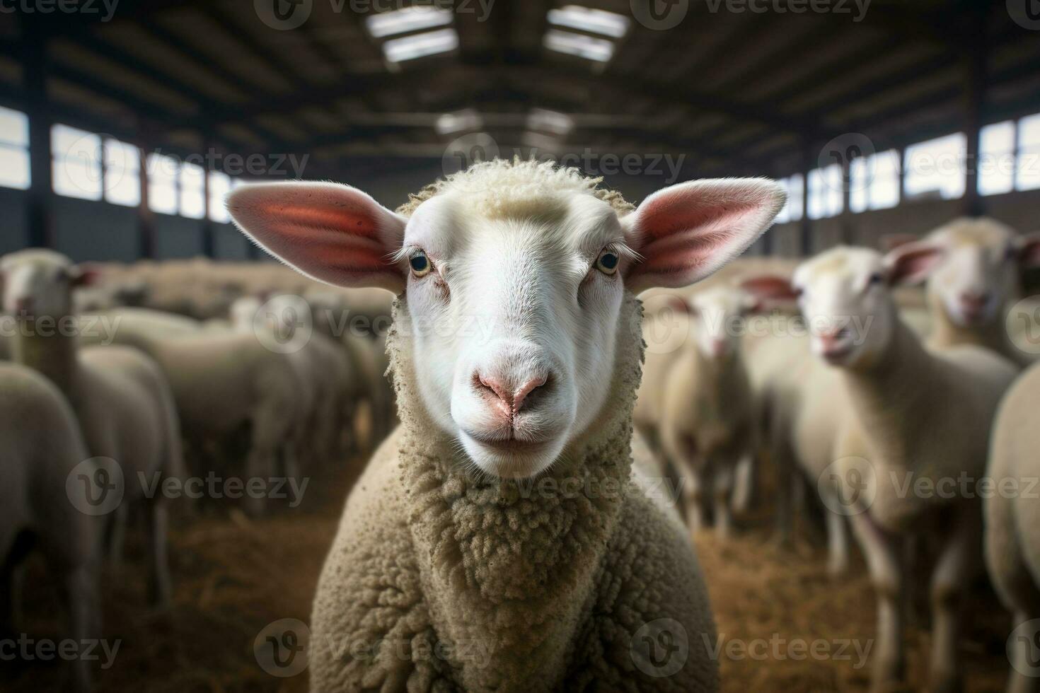 Portrait of a cute lamb on a background of sheep in the barn AI generated photo