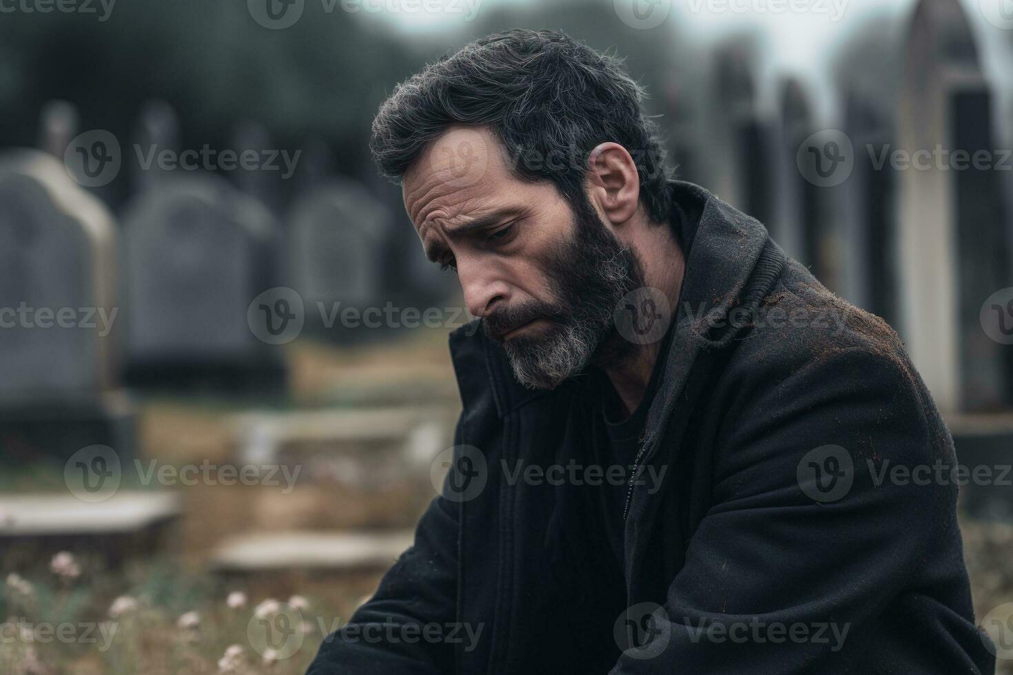 Portrait of a sad and depressed man in a black coat on the background of a cemetery.Funeral Concept AI generated photo