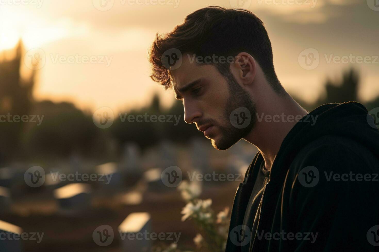 Portrait of a sad and depressed man in a black coat on the background of a cemetery.Funeral Concept AI generated photo