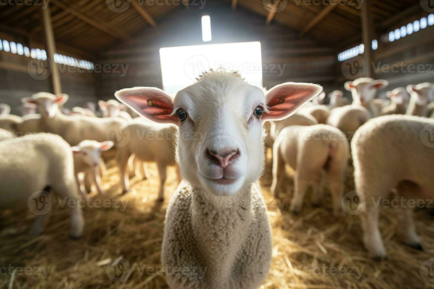 Portrait of a cute lamb on a background of sheep in the barn AI generated photo