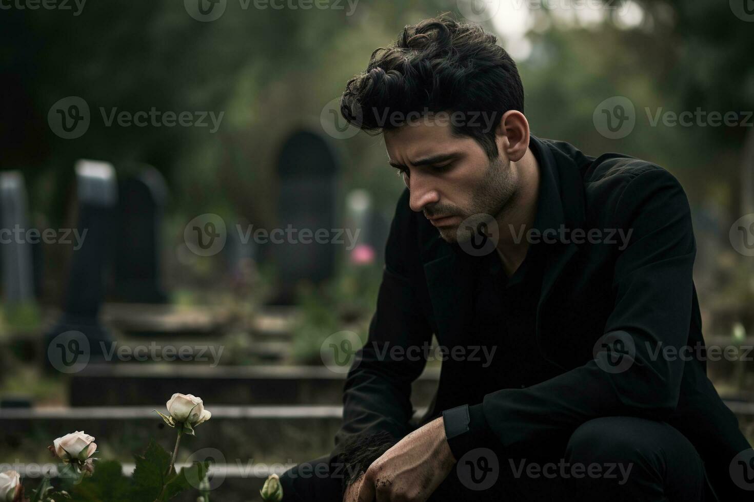 Portrait of a sad and depressed man in a black coat on the background of a cemetery.Funeral Concept AI generated photo