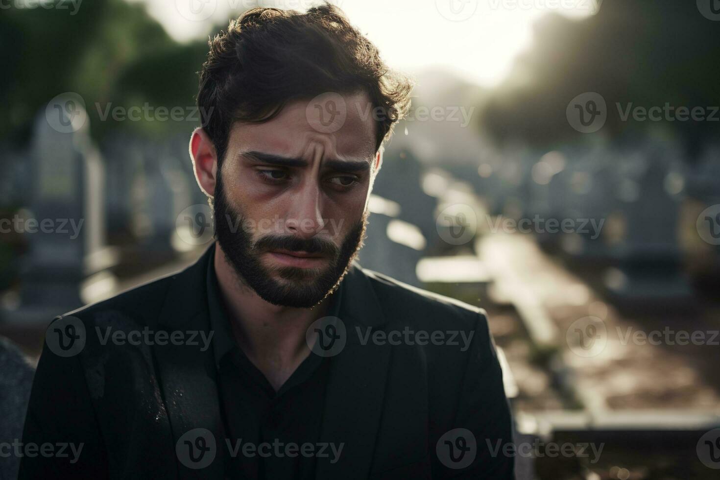 Portrait of a sad and depressed man in a black coat on the background of a cemetery.Funeral Concept AI generated photo