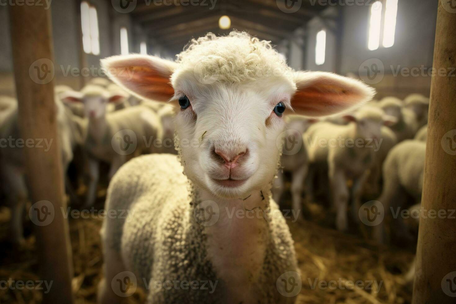 Portrait of a cute lamb on a background of sheep in the barn AI generated photo