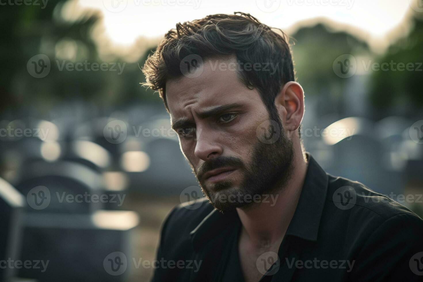 retrato de un triste y Deprimido hombre en un negro Saco en el antecedentes de un cementerio.funeral concepto ai generado foto