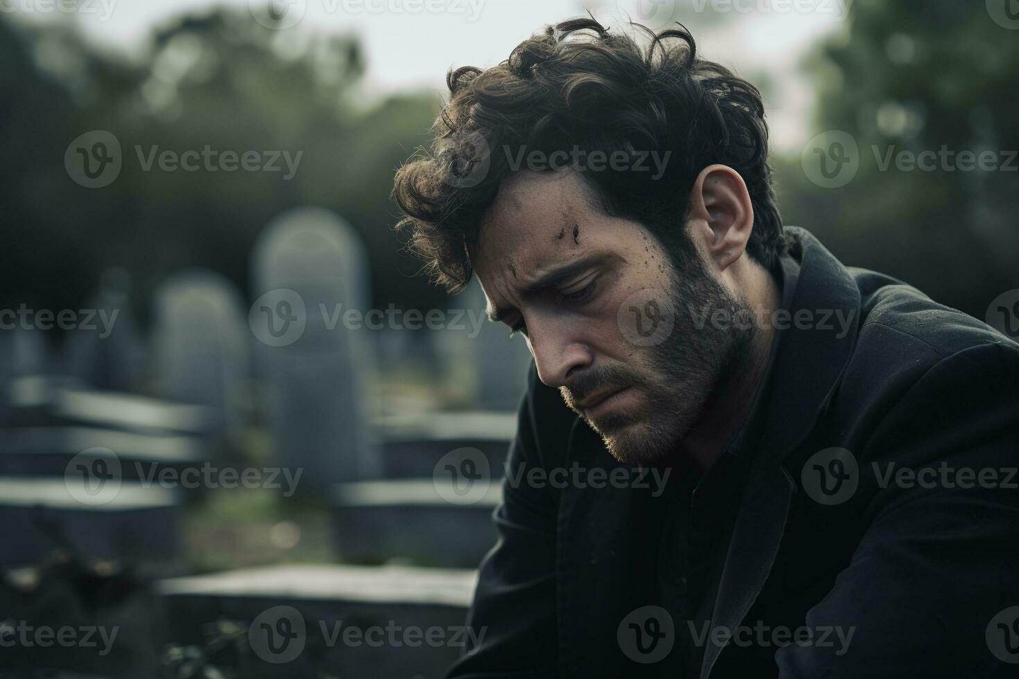 Portrait of a sad and depressed man in a black coat on the background of a cemetery.Funeral Concept AI generated photo