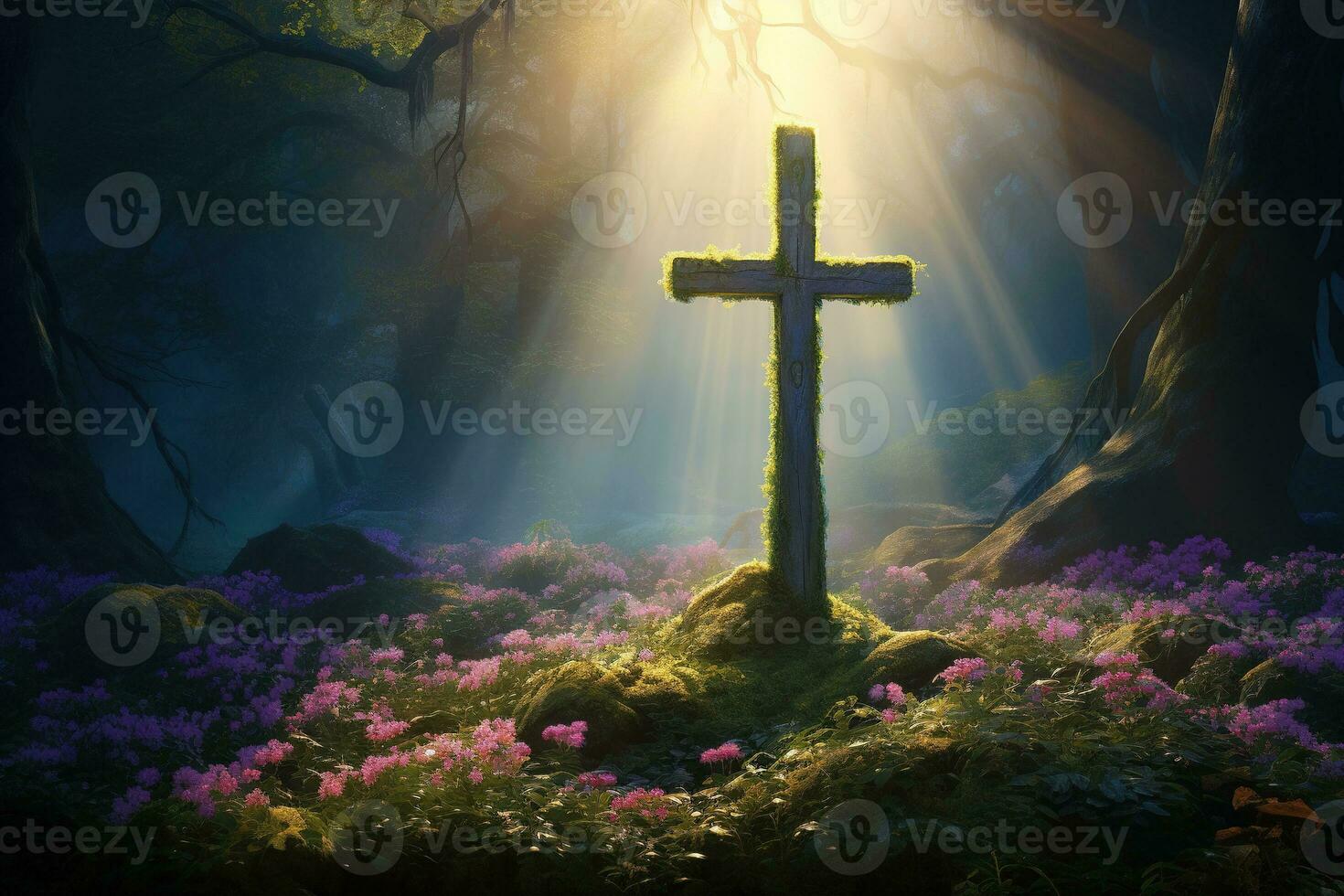 Wooden cross in the forest with sunlight in the morning AI generated photo