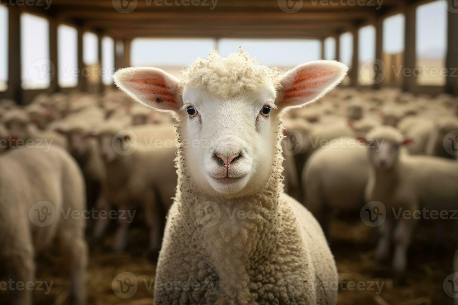 Portrait of a cute lamb on a background of sheep in the barn AI generated photo