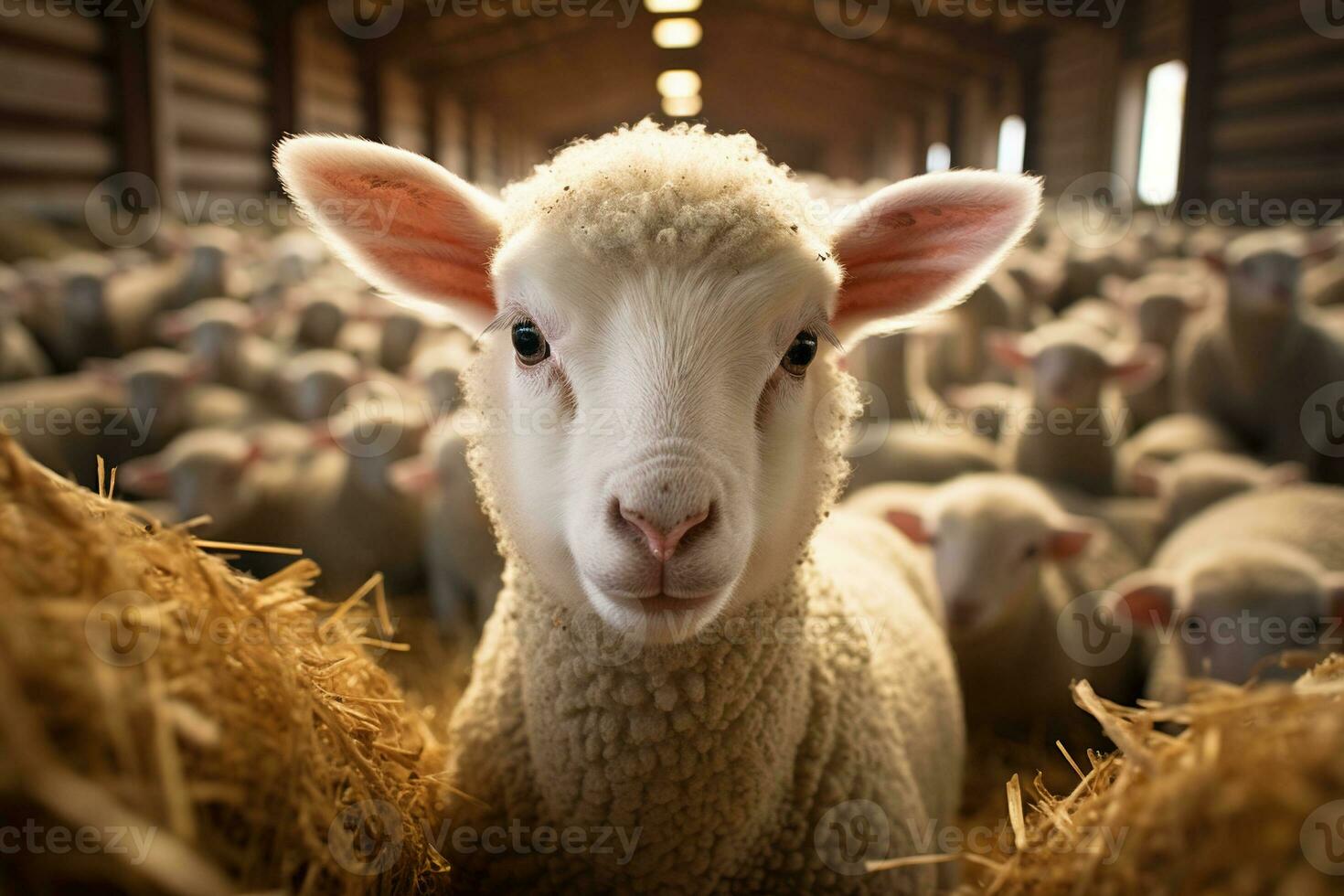 Portrait of a cute lamb on a background of sheep in the barn AI generated photo