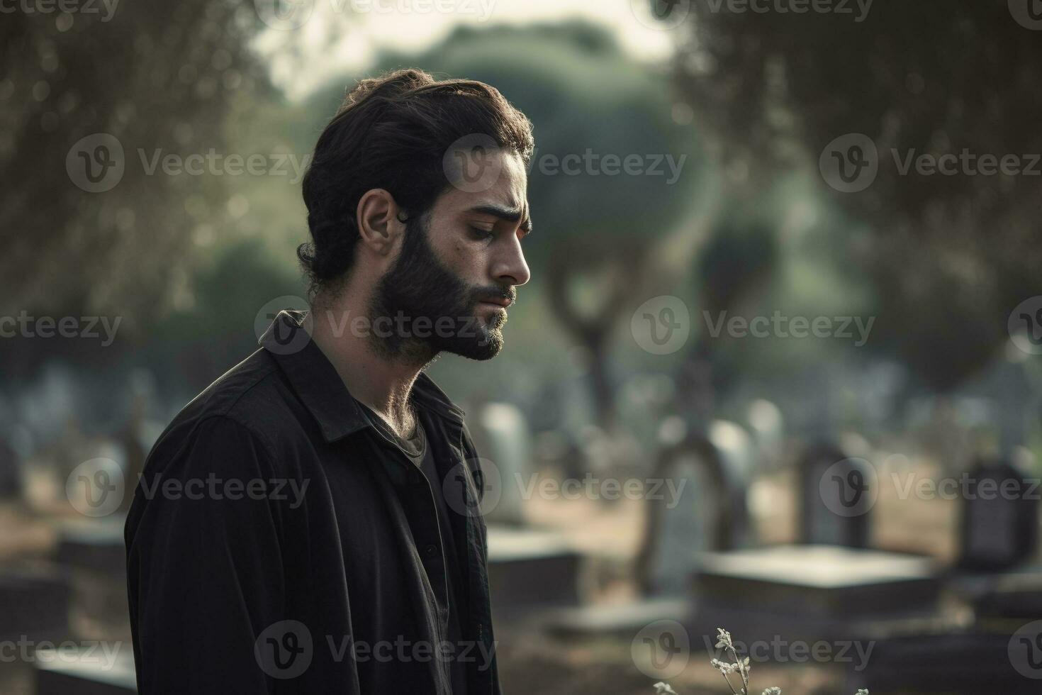 Portrait of a sad and depressed man in a black coat on the background of a cemetery.Funeral Concept AI generated photo