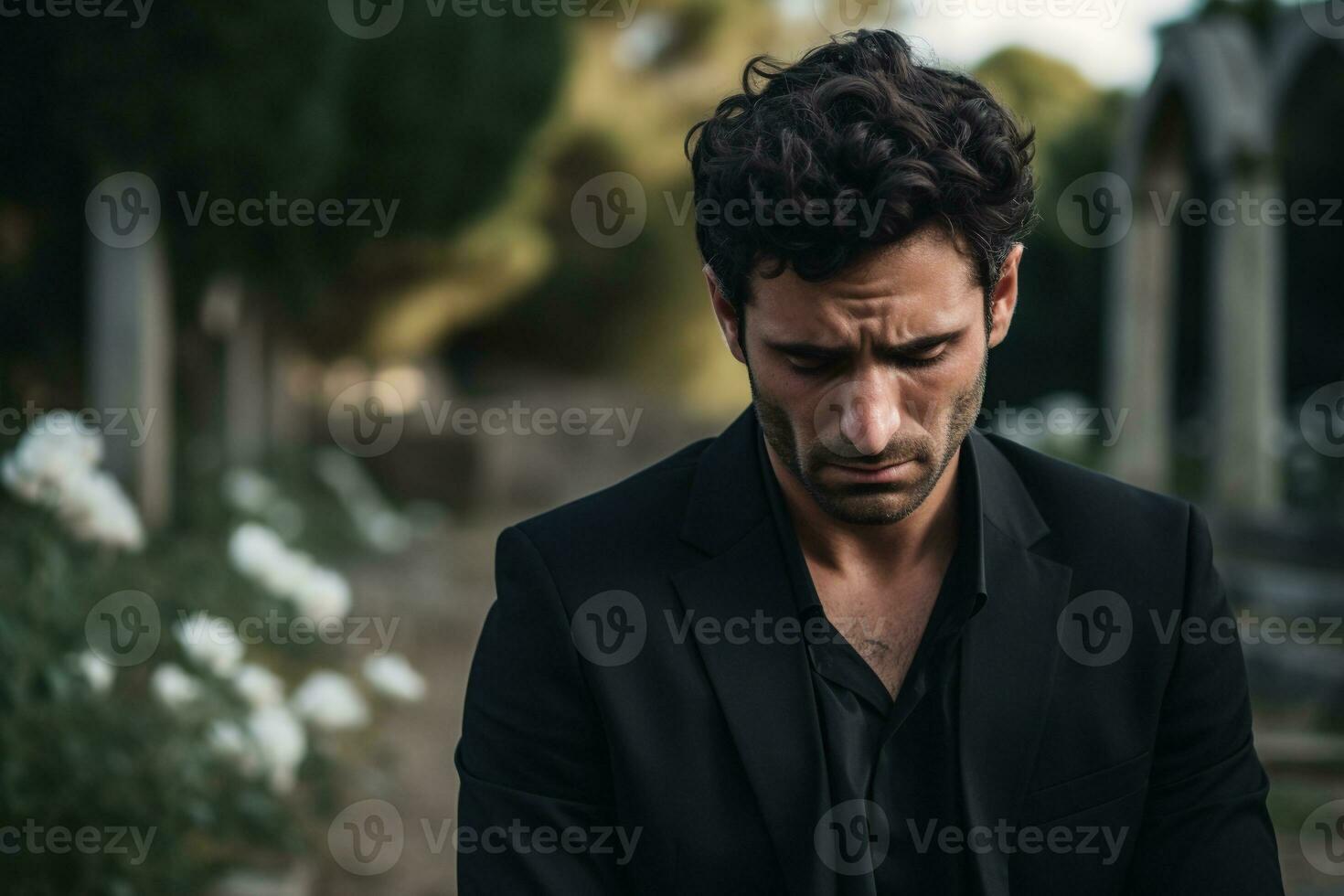 retrato de un triste y Deprimido hombre en un negro Saco en el antecedentes de un cementerio.funeral concepto ai generado foto