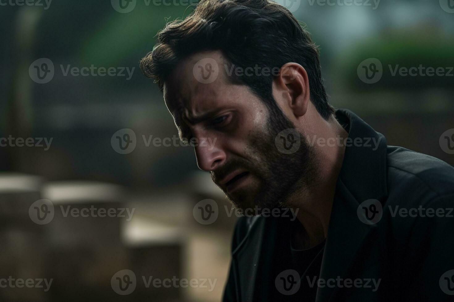 retrato de un triste y Deprimido hombre en un negro Saco en el antecedentes de un cementerio.funeral concepto ai generado foto