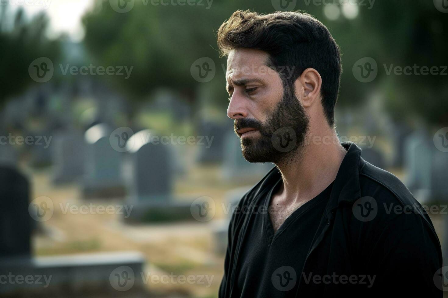 Portrait of a sad and depressed man in a black coat on the background of a cemetery.Funeral Concept AI generated photo