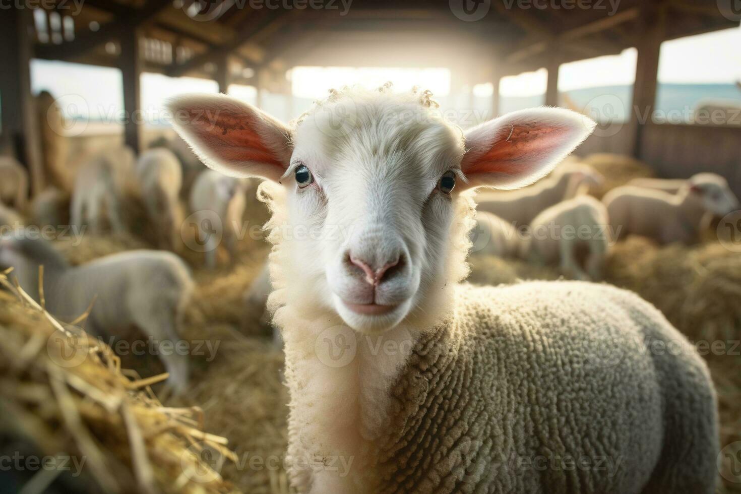 Portrait of a cute lamb on a background of sheep in the barn AI generated photo