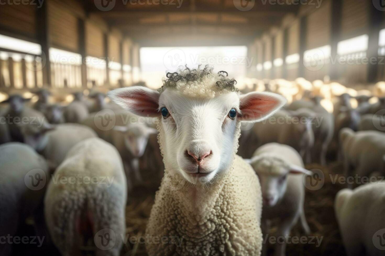 Portrait of a cute lamb on a background of sheep in the barn AI generated photo