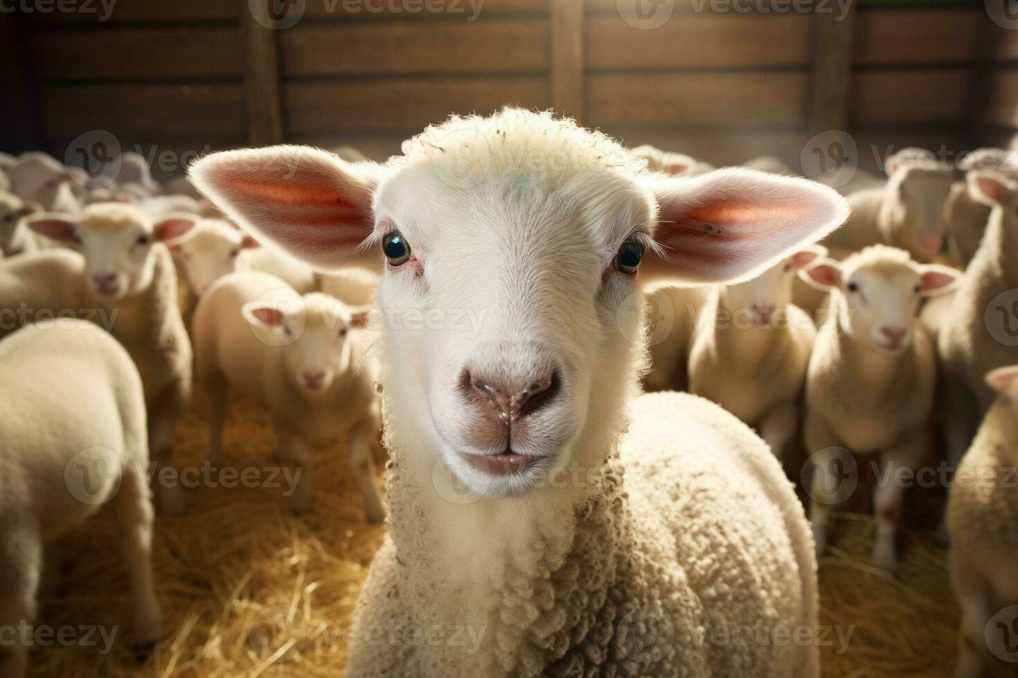 Portrait of a cute lamb on a background of sheep in the barn AI generated photo