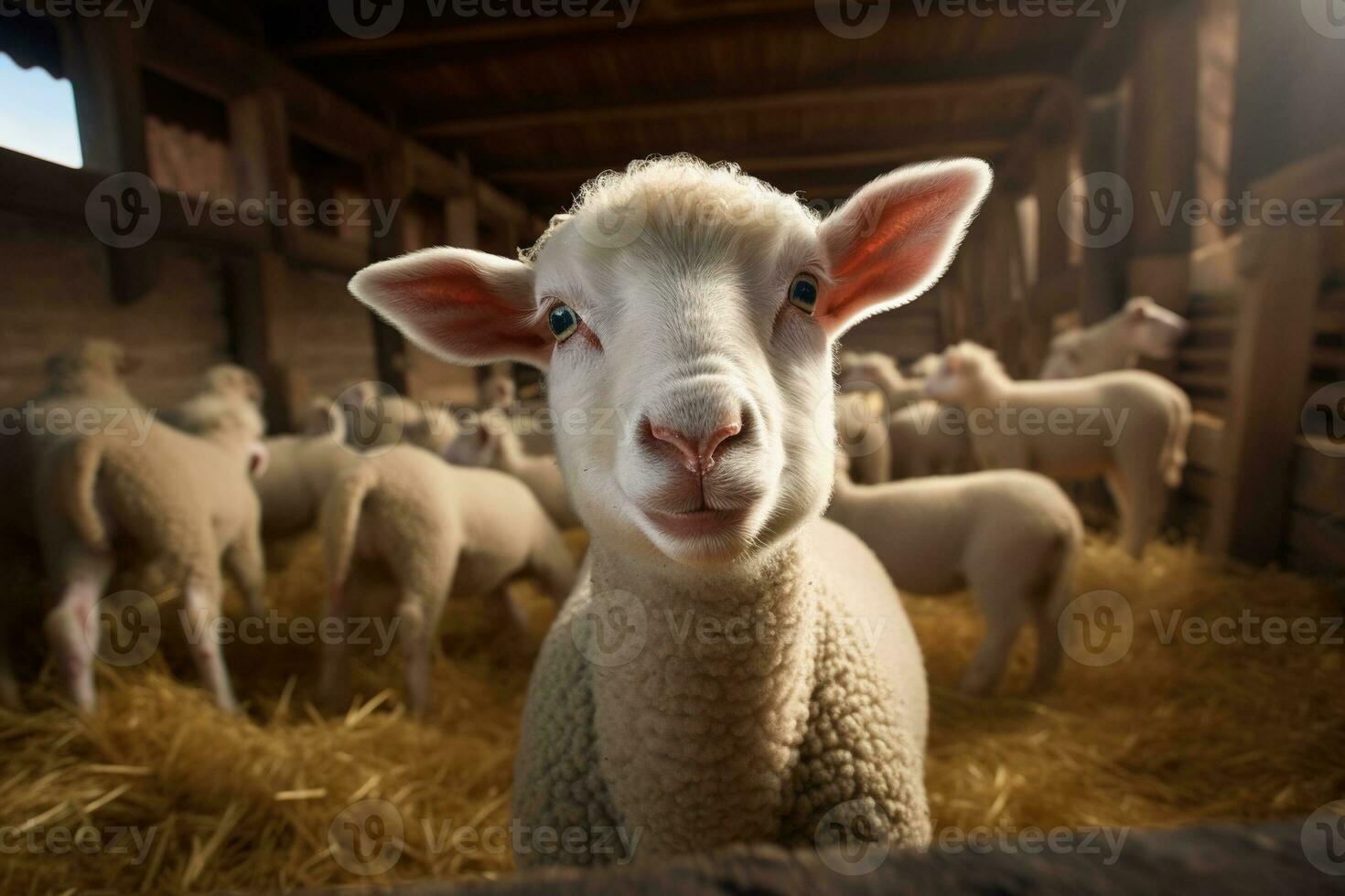 Portrait of a cute lamb on a background of sheep in the barn AI generated photo