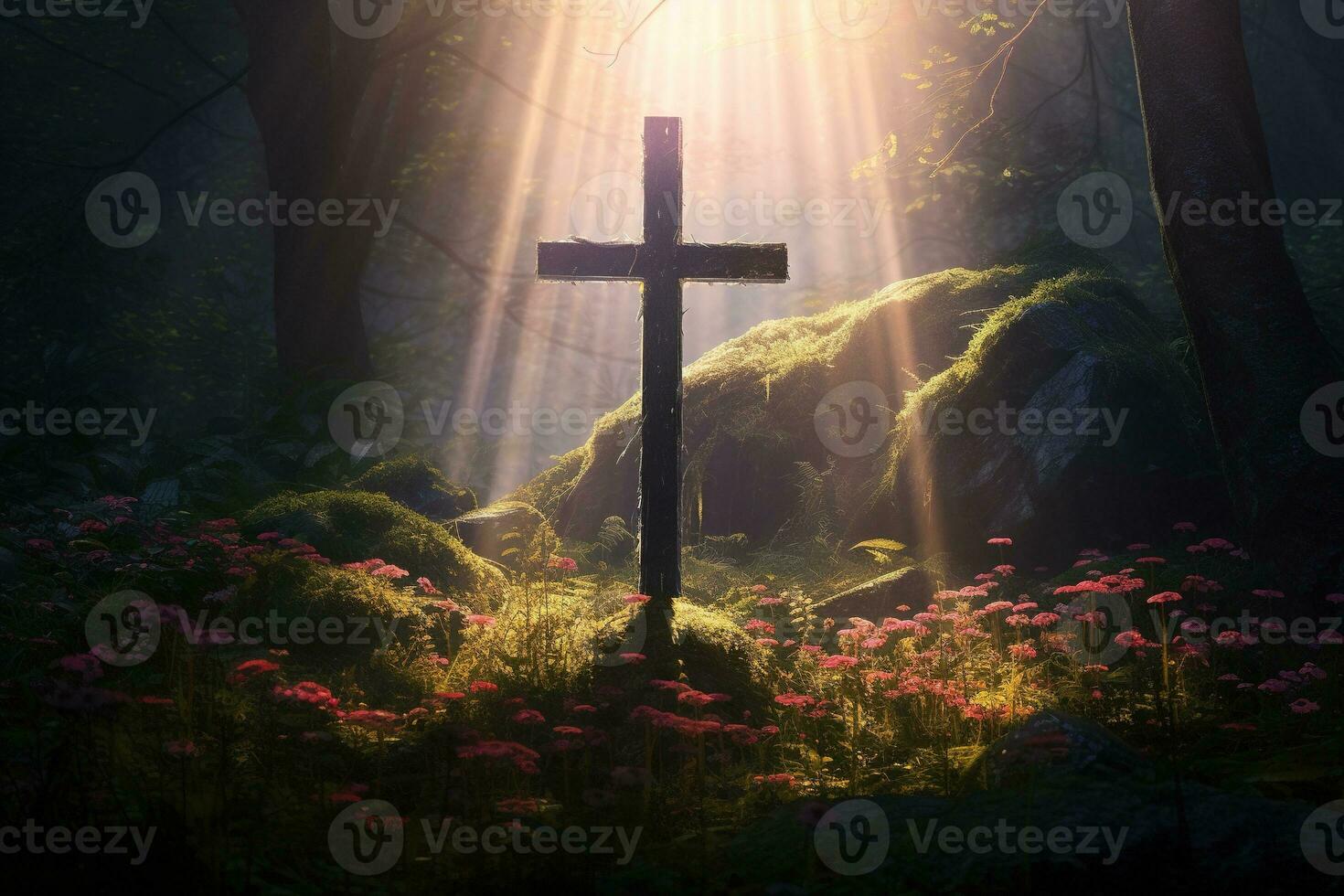 Wooden cross in the forest with sunlight in the morning AI generated photo