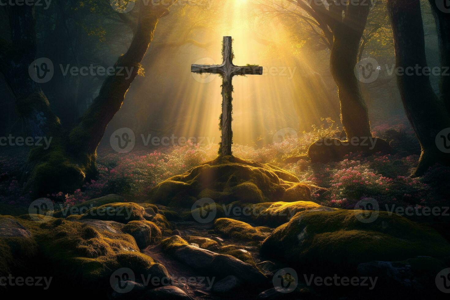 Wooden cross in the forest with sunlight in the morning AI generated photo