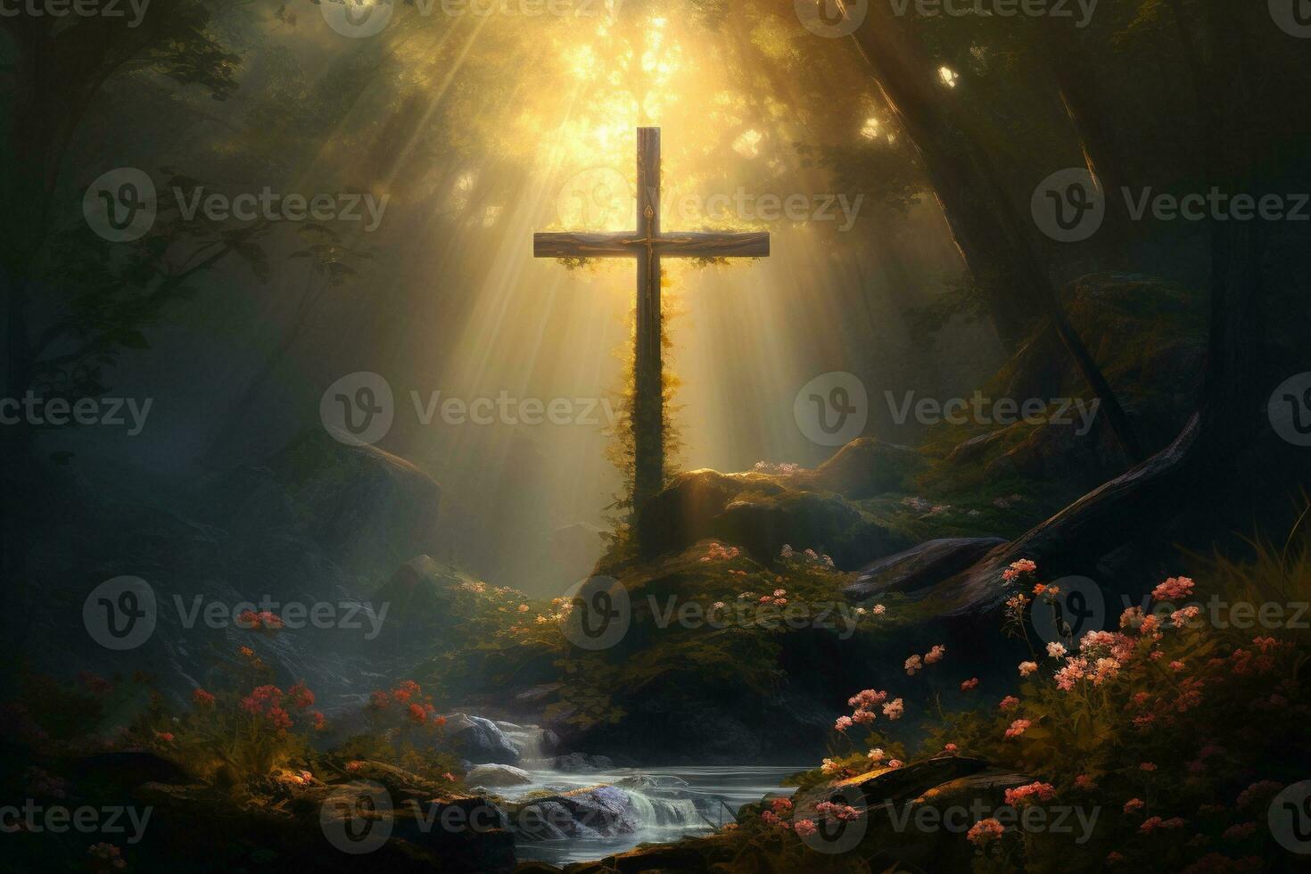 Wooden cross in the forest with sunlight in the morning AI generated photo