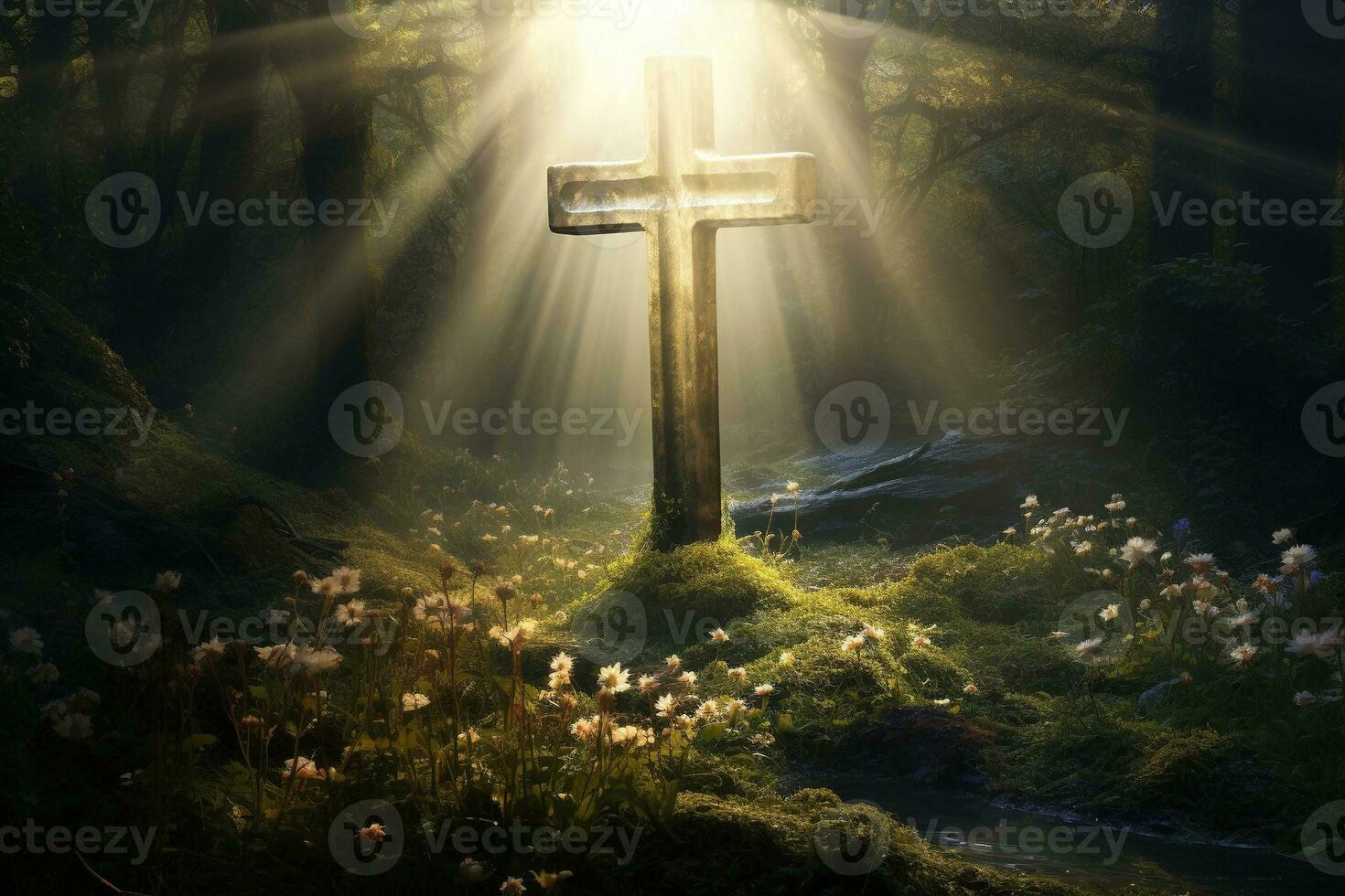 Wooden cross in the forest with sunlight in the morning AI generated photo