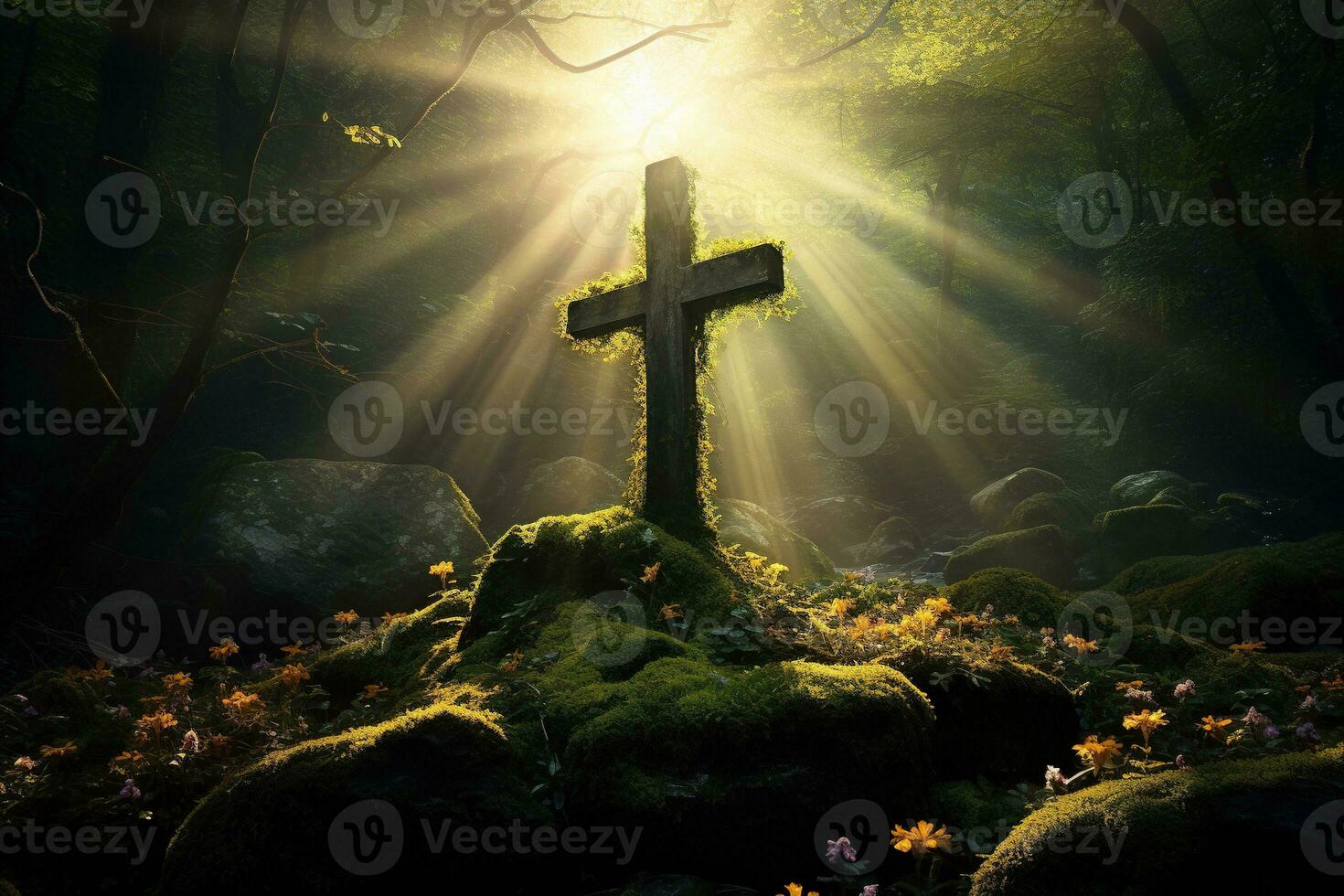 Wooden cross in the forest with sunlight in the morning AI generated photo