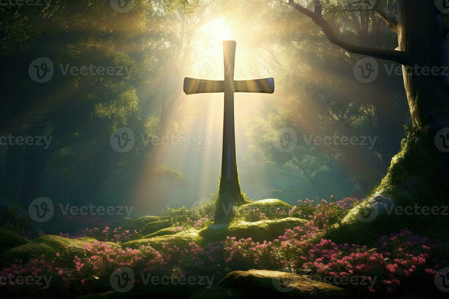 Wooden cross in the forest with sunlight in the morning AI generated photo